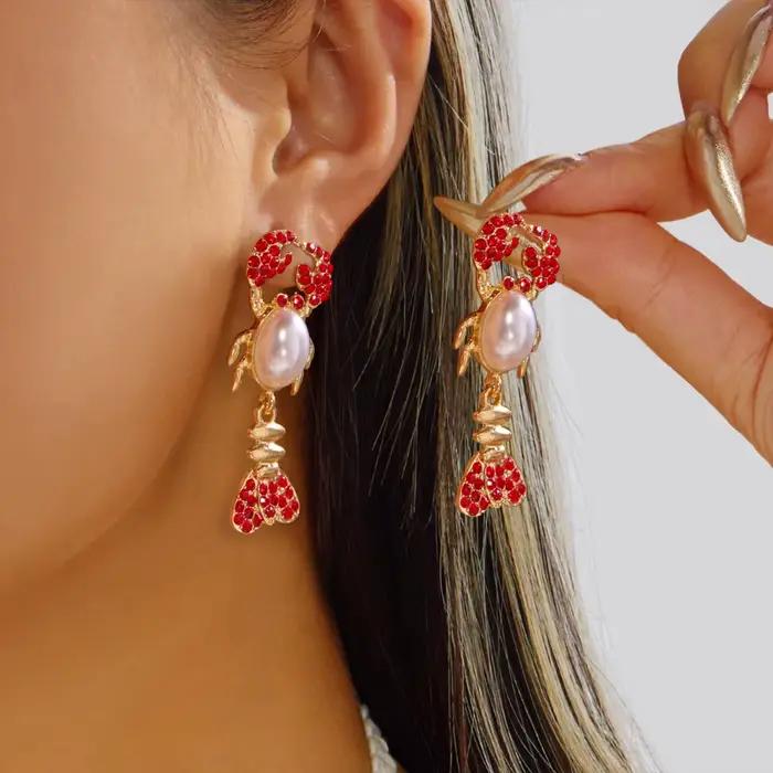 Boucles d'oreilles pendantes créatives en forme de homard, ornées de strass rouges exagérés, pour fe