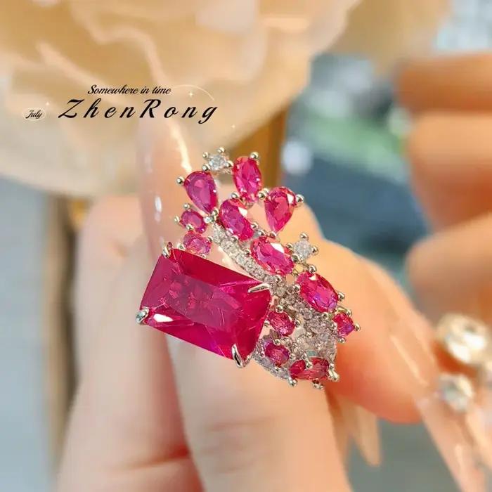 Bague en corindon rouge tendance pour femme - Diamant simulé