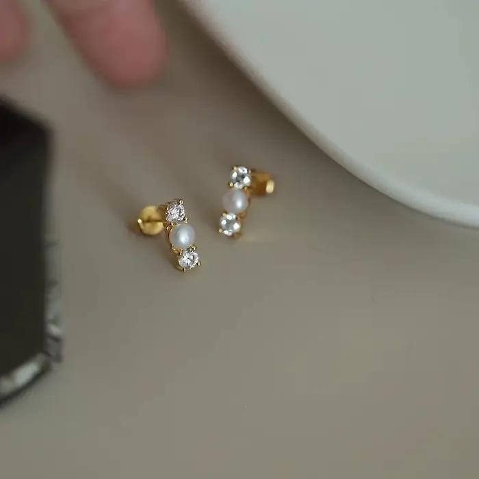 Clous d'oreilles en argent Sterling 925 avec perle et Zircon pour femmes occasions spéciales élégantes minimalistes