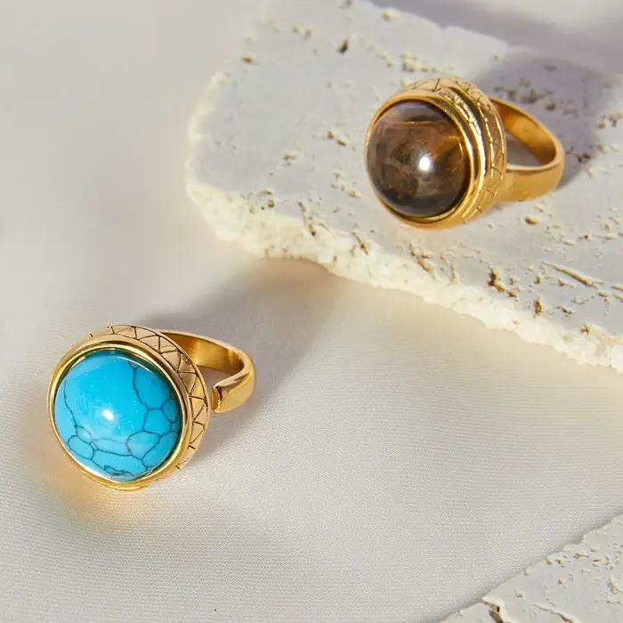Bague Vintage Turquoise Naturelle pour Femme, Acier Inoxydable Plaqué Or, Bague Ronde Ouverte Femme, Bijoux Fantaisie, Cadeau
