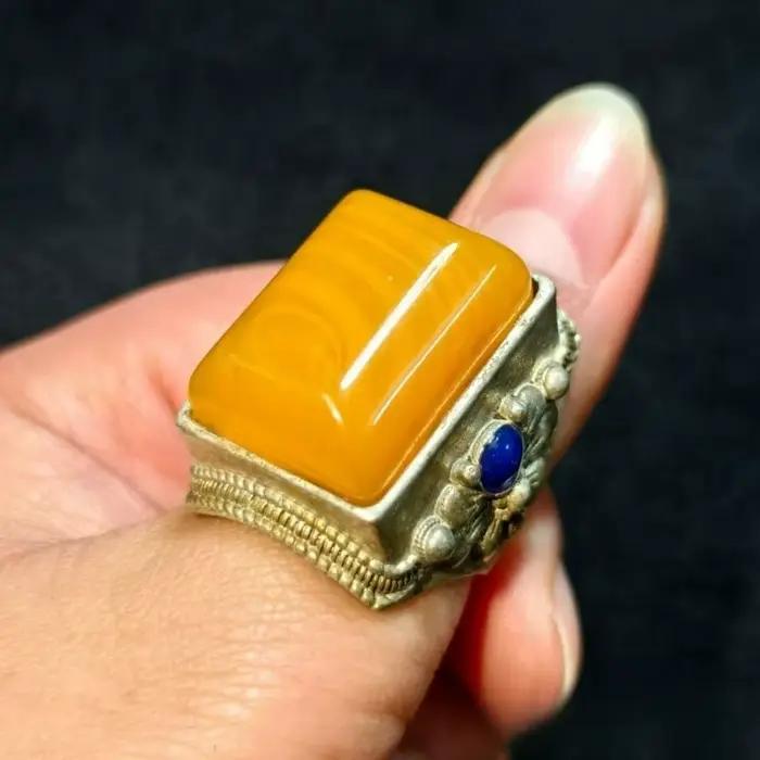 Bague vintage style selle tibétaine et mongole audacieuse incrustée de pierres précieuses artificielles réglable pour homme et femme cadeau spécial