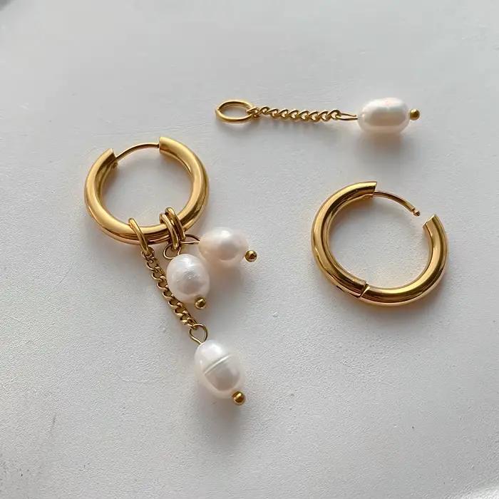 Boucles d'oreilles pendantes en perles d'eau douce de style minimaliste EManco, idéales pour les rendez-vous et les looks chics de bureau, bijoux en acier inoxydable