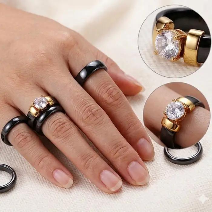Bague de fiançailles en céramique noire et blanche avec zircon brillant, alliance de mariage hypoallergénique pour femmes, occasions spéciales et engagement