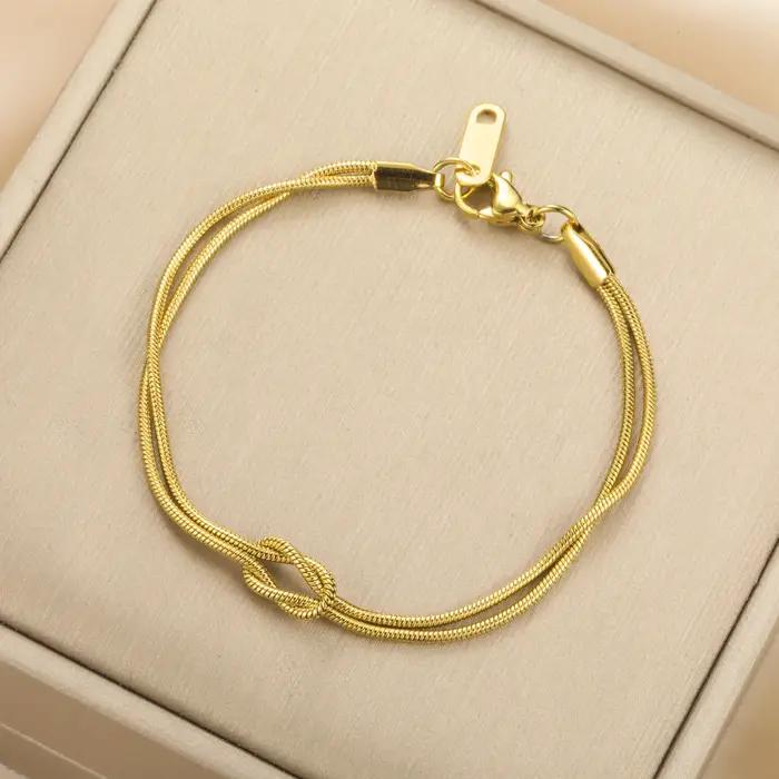 Bracelet Double Chaîne Serpent Nœud d'Amour Acier inoxydable Couleur Or Bracelets Ajustables Femmes Hommes Couple Bijoux Minimalistes