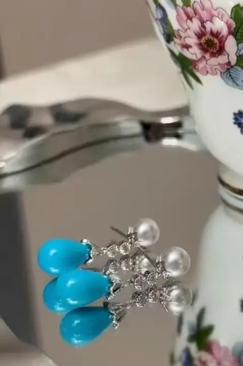 Boucles d'oreilles en argent sterling 925 et turquoise naturelle, perle akoya, art deco, bijoux vintage à offrir pour femme occasions spéciales