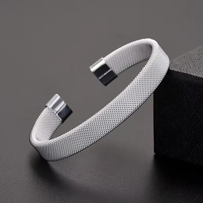 Bracelet de manchette en argent sterling 925 motif géométrique solide pour hommes et femmes