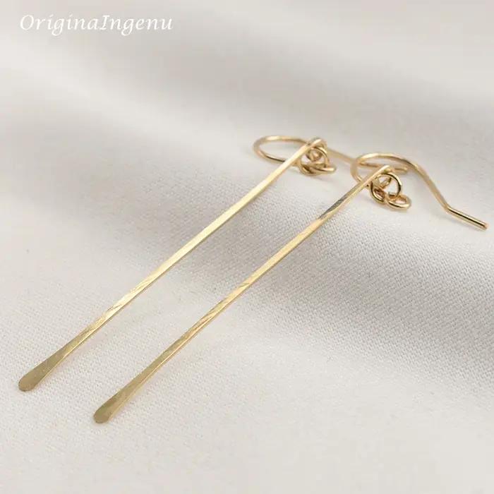 Boucles d'oreilles longues faites à la main en argent 925/or, bijoux martelés remplis, minimalistes,
