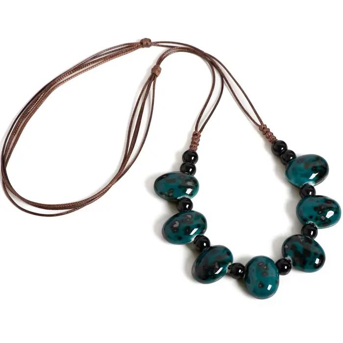 Collier en céramique émaillée artisanale perles vertes vintage réglable pour femmes occasions spéciales naturel bohème chic