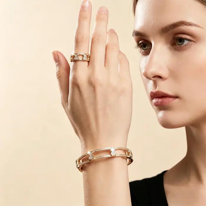 Ensemble bague et bracelet plaqué or avec nœud et zircons