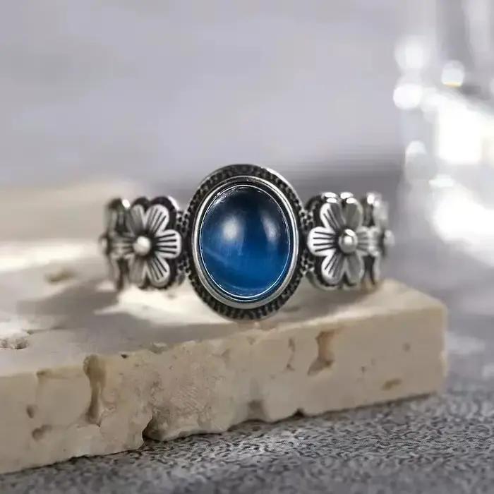 Bague Vintage en argent Sterling S925 avec fleur de Rose, ovale, pierre de lune naturelle, douce, bi