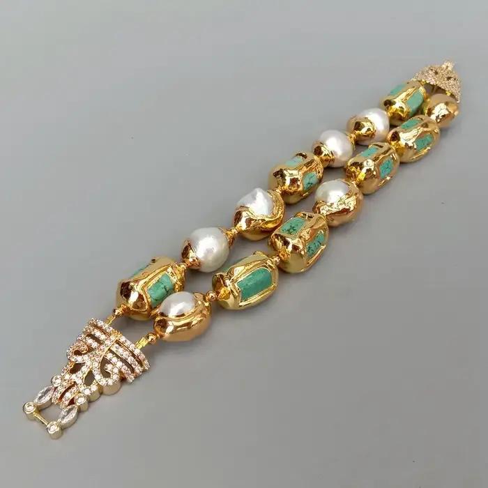 KKGEM-Bracelet Perle d'Eau Douce Blanche Pépite Turquoise Verte avec Bord Galvanisé, Style Luxe, 13x