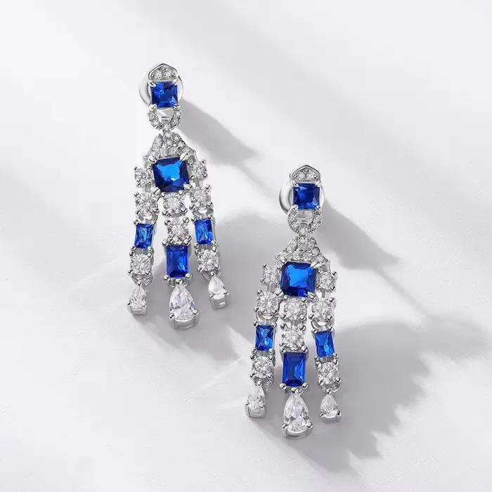 ALLNOEL-Boucles d'oreilles pendantes en argent regardé 925 pour femme, pompon en forme de main de spinelle bleue, cadeau de luxe, bijoux Boho, fête de mariage