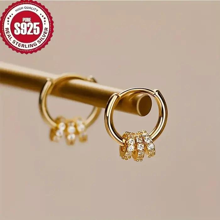 Boucles d'oreilles créoles en argent Sterling 925 plaqué or avec zirconium blanc et noir pour femmes style moderne et élégant occasions spéciales