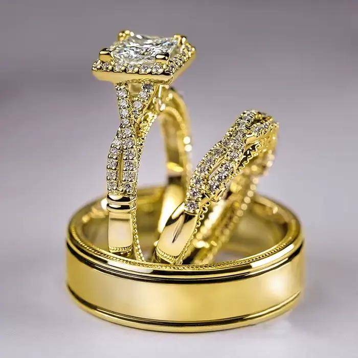 Ensemble de bagues de promesse Vintage 3 en 1, or 14 carats, diamant de laboratoire, bagues de fianç