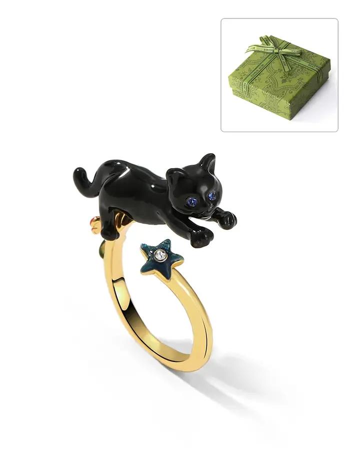 Bague réglable en émail plaqué or 18 carats fait à la main avec chat noir juteux, cadeau d'anniversa