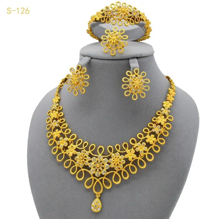 Bijoux de mariage luxe or 24 carats bohème indien et éthiopien design fleurs collier boucles d oreilles ensemble mariage femmes occasions spéciales