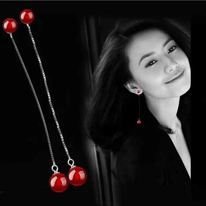 Boucles d'oreilles en argent regardé 925 noir et rouge IkLong Tassel JOEar Line Stud