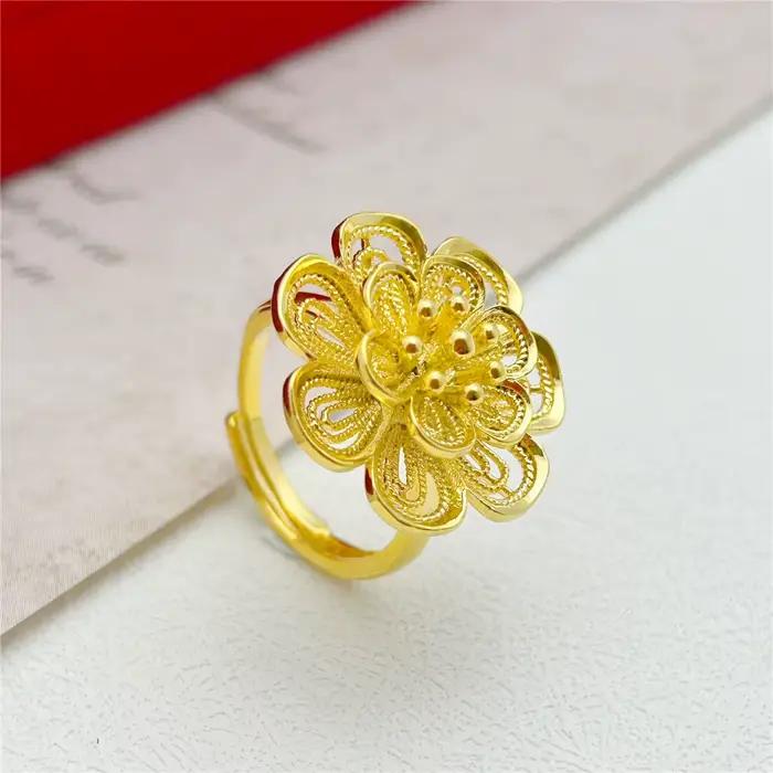 Ensembles de Bijoux couleur or jaune pour femmes, pendentif fleur, collier, bague, boucles d'oreilles, ensemble de 3 pièces, accessoires de Bijoux de mariage