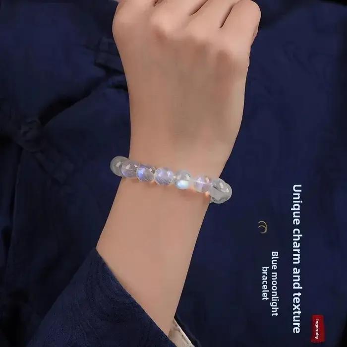 Bracelet en pierre de lune bleu clair pour femme, chaîne porte-bonheur, bracelet à brins, pierre sacrée, cadeau anniversaire, bijou spirituel, pierre de lune arc-en-ciel