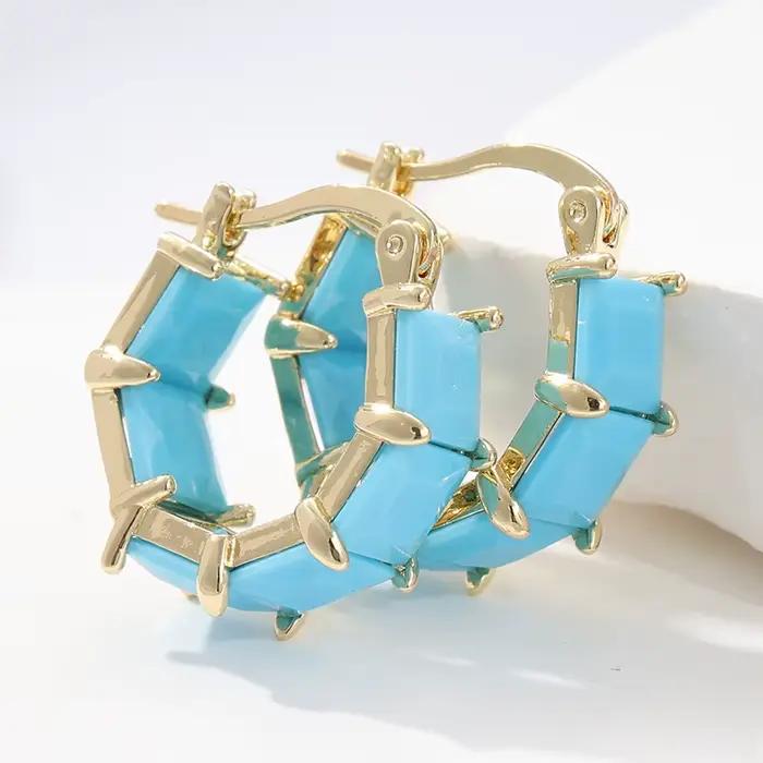 Boucles d'oreilles classiques à carreaux Turquoise pour femmes, Vintage, élégantes, plaquées or, accessoires de bijoux, cadeaux de fête exquis