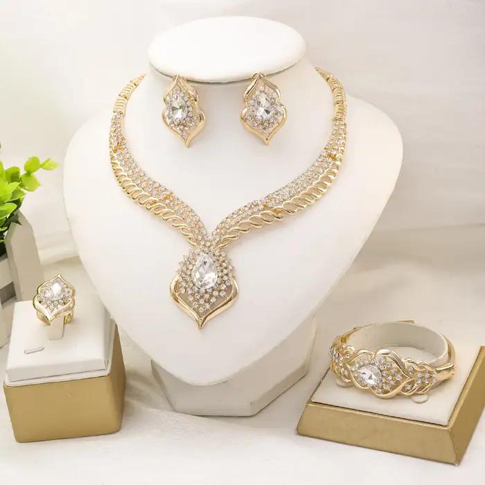 Liffly mode Dubai ensembles de bijoux pour femmes couleur or Zircon collier boucles d'oreilles Bracelet bague de mariage accessoires de fête de mariée