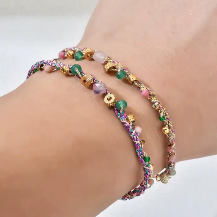 Bracelet en corde tressée colorée mélangée en pierre Boho de style français, perles en acier inoxydable plaqué or 18 carats, réglable, bijoux