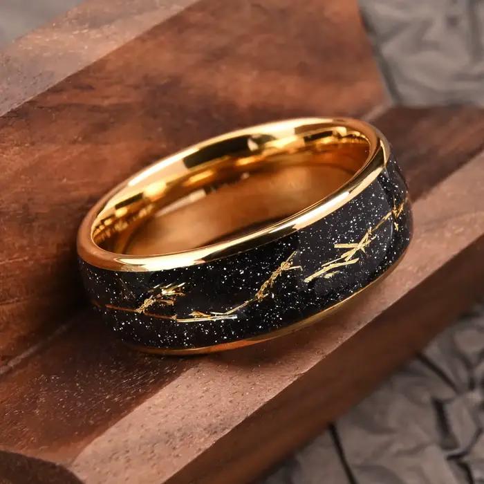Bague en acier tungstène incrustée de feuille d'or simple dorée pour mariage et occasions spéciales unisexe