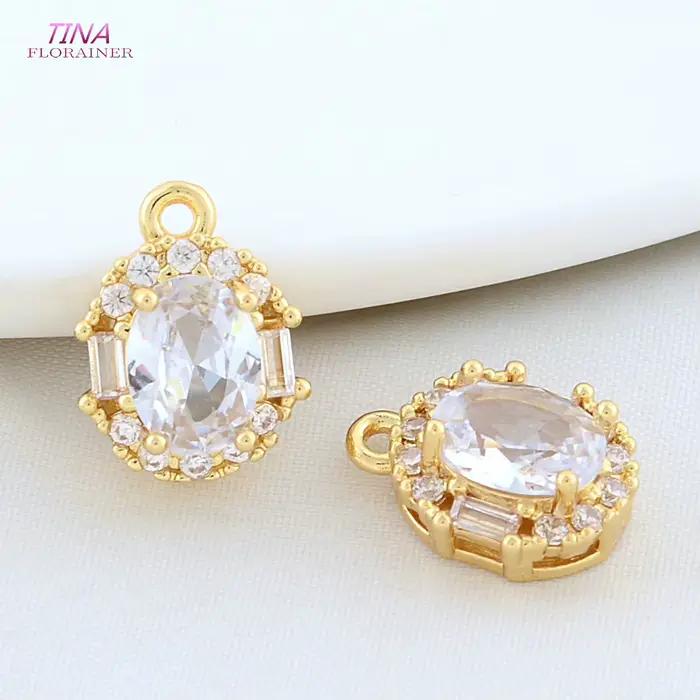 Breloques ovales plaquées or 18 carats et zircon pour femmes, 6 pièces, 10x13.5mm, charms de haute qualité pour fabrication de bijoux