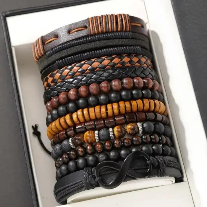Ensemble de 12 bracelets vintage tissés en simili cuir œil de tigre et perles de pierre de lune pour accessoires de mode de fête décontractés occassions spéciales femmes