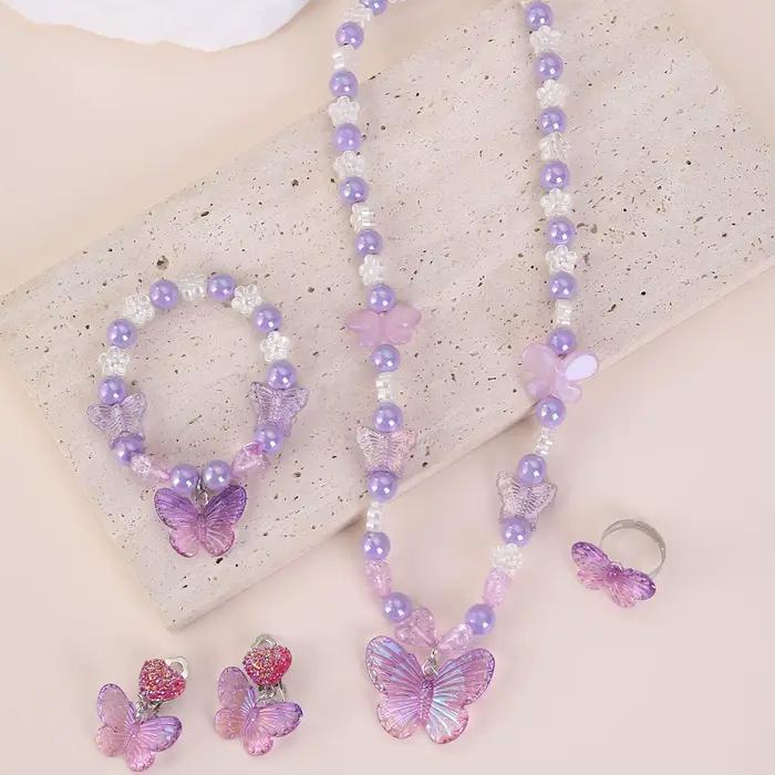 Bracelet princesse pour filles, bijoux en perles, collier papillon de dessin animé, bague, boucles d'oreilles, costume pour enfants