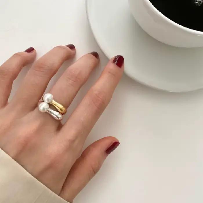 ANENJERY perle brillant anneau ouvert pour les femmes français exquis Goden couleur argent bague tout assorti accessoires anillos bague