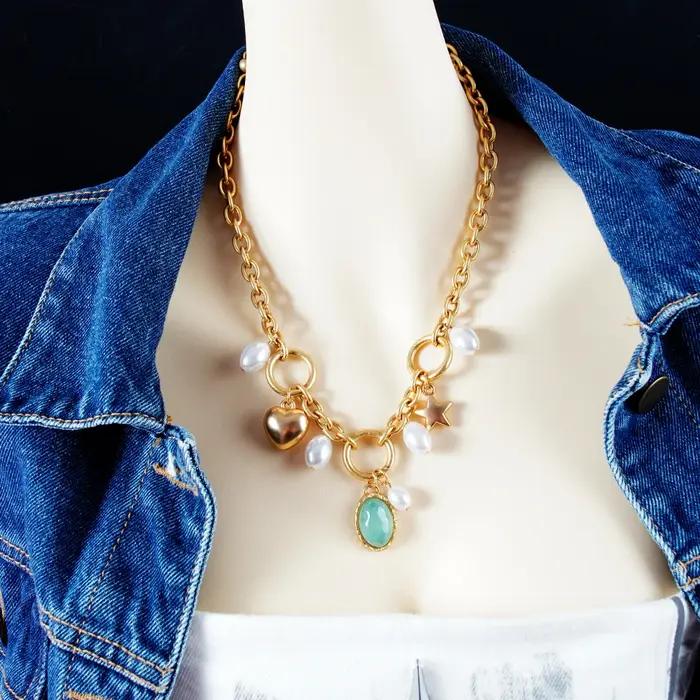 Collier en acier inoxydable avec pendentif émeraude verte bijoux en métal doré couleur rose ou violet de cobalt pour femmes occasions spéciales