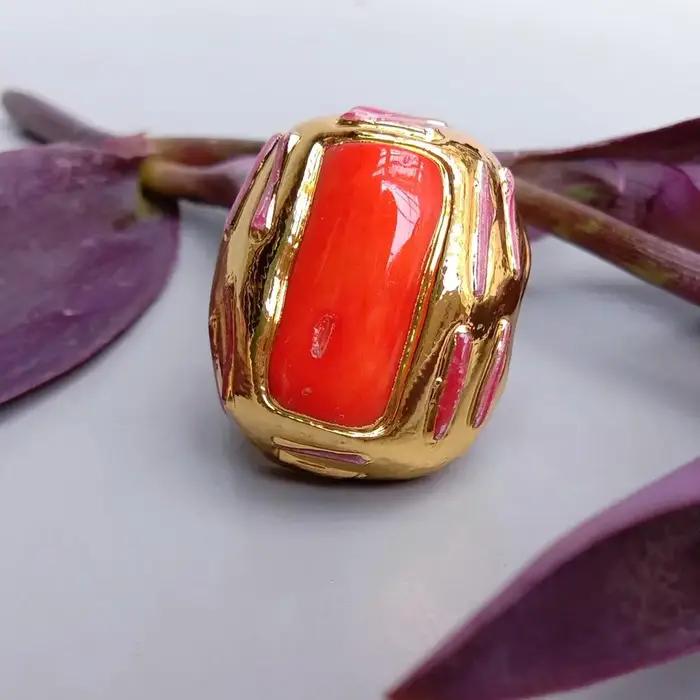 Bague en corail orange plaquée or réglable pour femmes occasions spéciales anniversaires et mariages