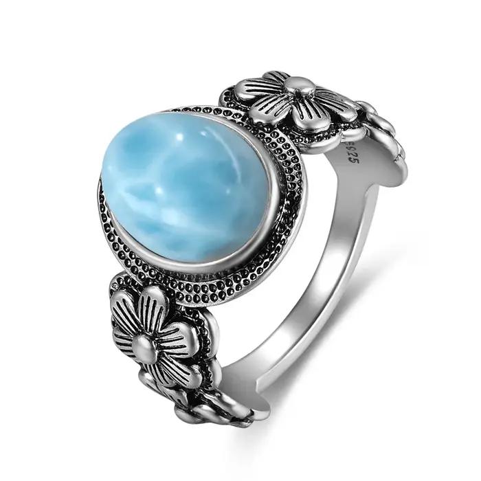 Bague Vintage en argent Sterling S925 avec fleur de Rose, ovale, pierre de lune naturelle, douce, bijoux fins pour femmes, 8x10mm