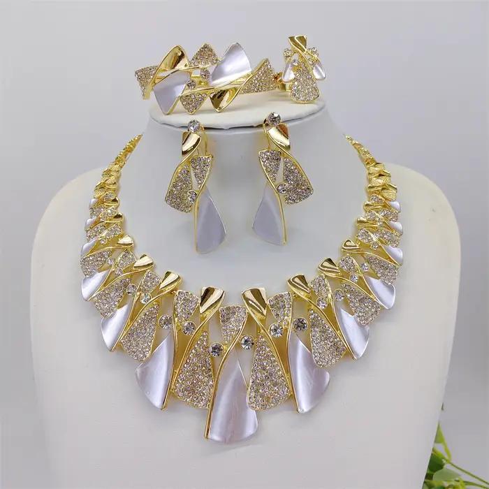 Ensemble de bijoux italien bicolore en or plaqué pour femmes, collier/boucles d'oreilles/bague/bracelet, mariage et fiançailles