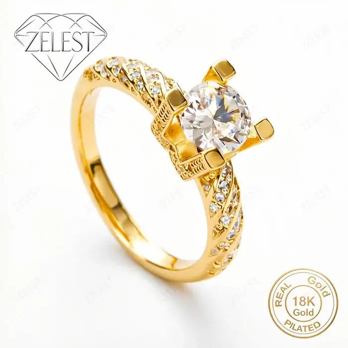 Bague en argent sterling 925 plaqué or 18 carats avec zircone ronde exquise, bague pour femme, bijoux de mode pour mariage et fête