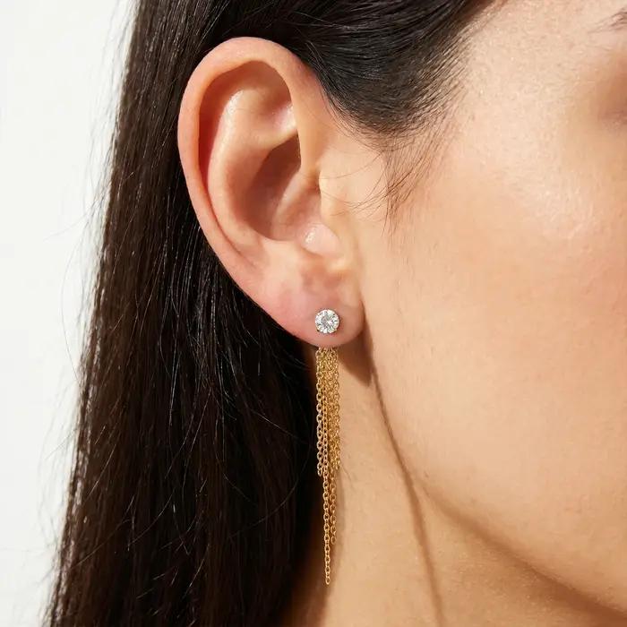 Boucles d'oreilles pendantes Zora en acier inoxydable plaqué or 18 carats PVD avec zircon et pompon