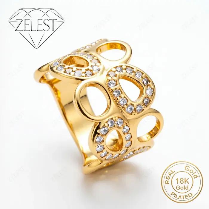 Bague large en argent sterling 925 plaqué or 18 carats, ajourée et sertie de diamants, pour femme, b