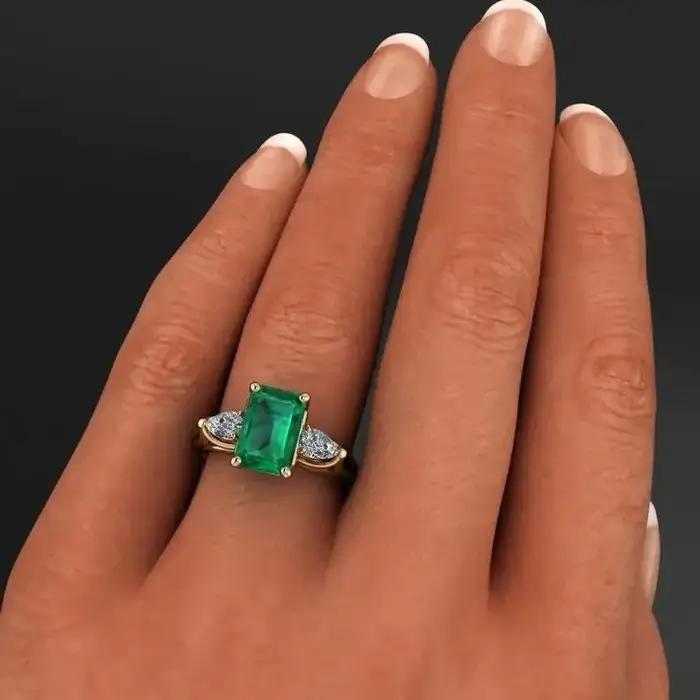 Bague émeraude verte plaquée or 14 carats pour femmes