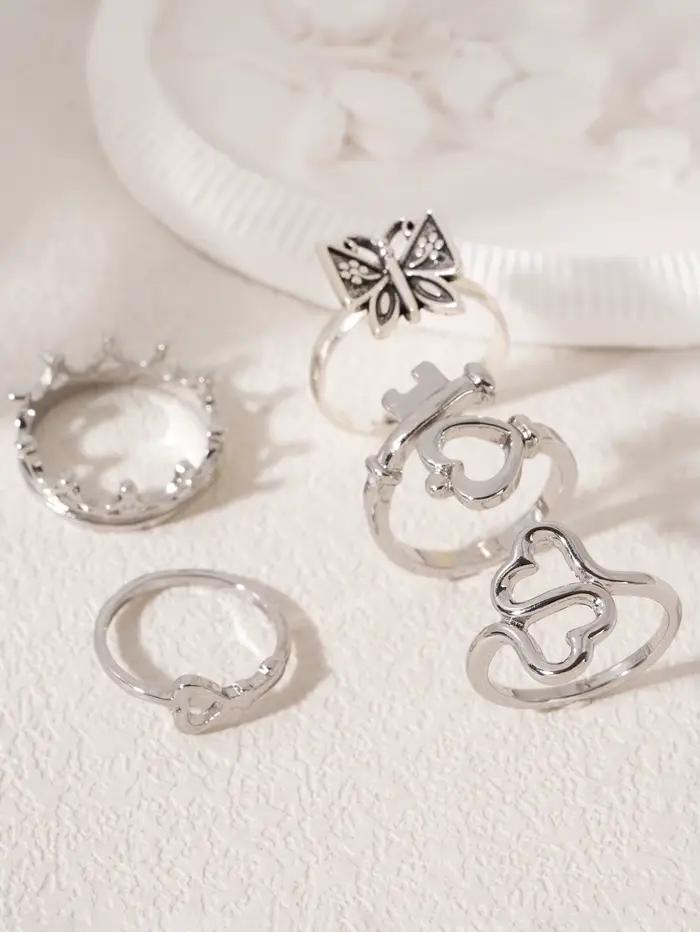 Ensemble de bagues en forme de cœur et de papillon pour femmes, bijoux Vintage empilables, couronne