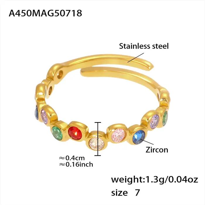 Bagues bohémiennes réglables en acier inoxydable plaqué or 18 carats incrustées de zircon multicolore pour femmes occasions spéciales