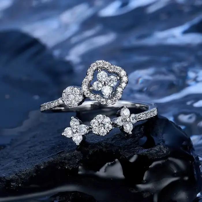 Bague réglable en or 14 carats pour femmes sertie de moissanite et zircon fleur à quatre feuilles bijou cadeau occasion spéciale