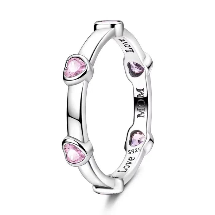 Bague originale en argent Sterling 925 avec cœur rose scintillant