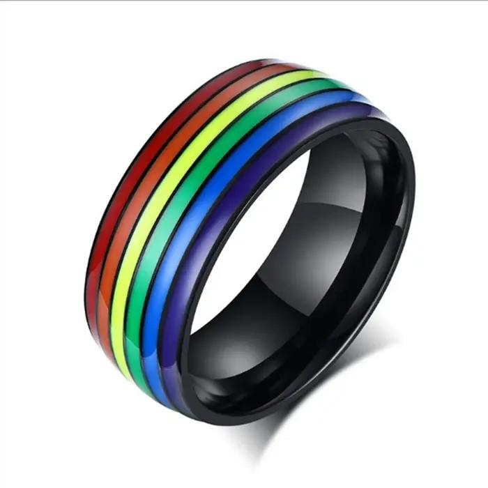 Bague en acier inoxydable unisexe avec motif drapeau LGBT+ pour cérémonies de fiançailles et mariages occassions spéciales