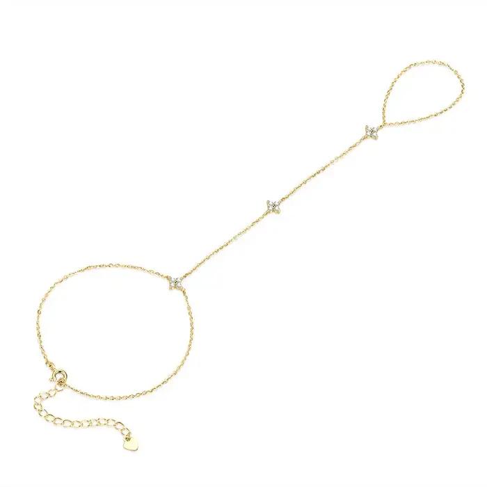 Bracelet Lnkry en Moissanite Certifiée 2,5 mm, Plaqué Or 14 carats, Motif Fleur à Quatre Feuilles, avec Anneau et Chaîne de Main, Bijoux Empilables
