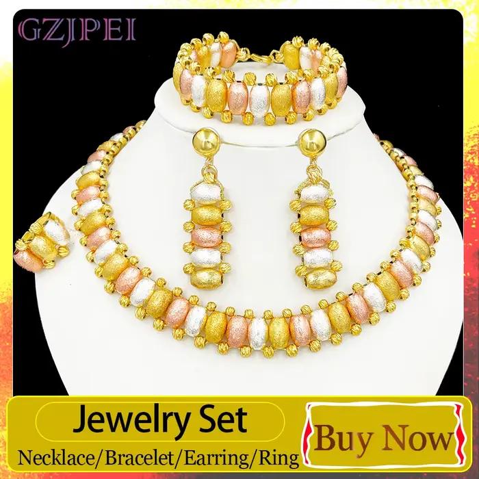 Ensemble de bijoux GZJPEI Boho pour femmes, trois couleurs, perles dorées, bijoux de mariée africains, collier, boucles d'oreilles, bracelet, bague, bijoux Dubaï Brésil