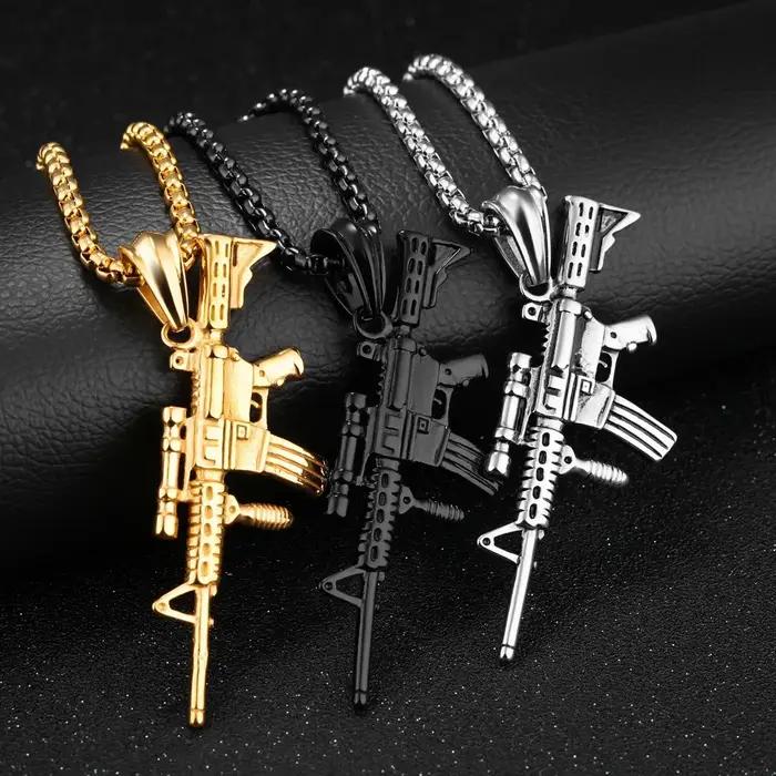 Hip Hop raffiné élégant glacé or argent couleur alliage M4 pistolet pendentifs collier pour hommes rappeur bijoux