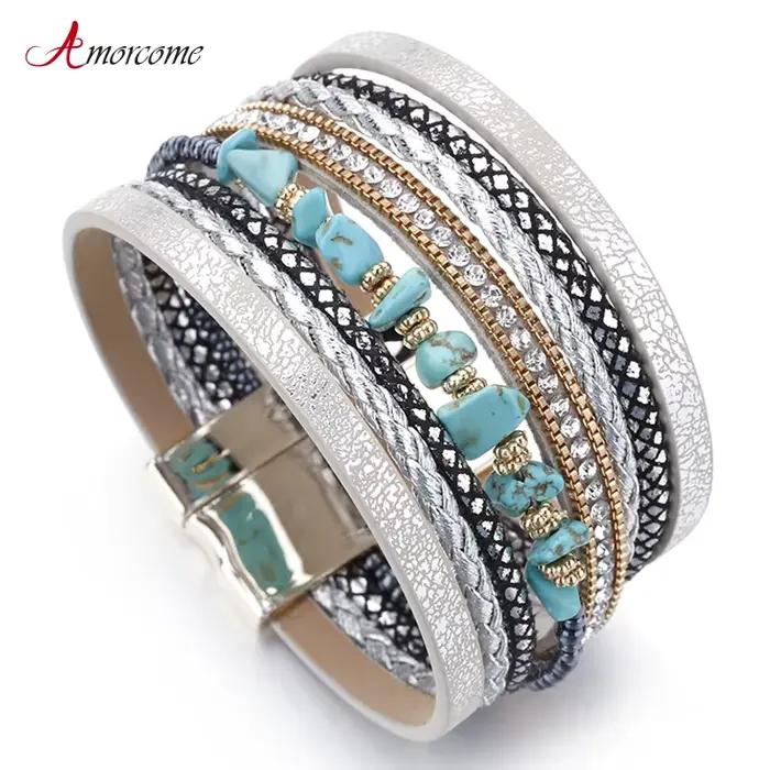 Amorcome Boho pierre naturelle Bracelets en cuir pour femme Vintage tressé corde large multicouche Wrap Bracelet hommes bijoux