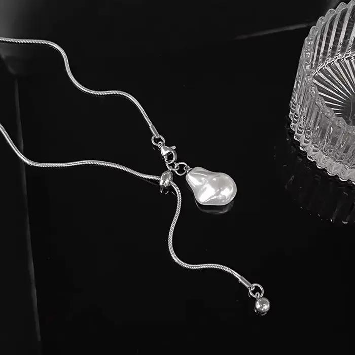 LATS – collier Long en acier inoxydable avec perles baroques pour femmes