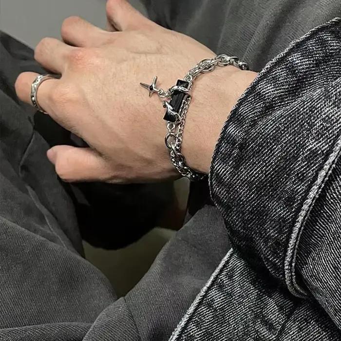 Bracelet en acier inoxydable chaîne maillons motif géométrique rétro style punk pour hommes et femmes